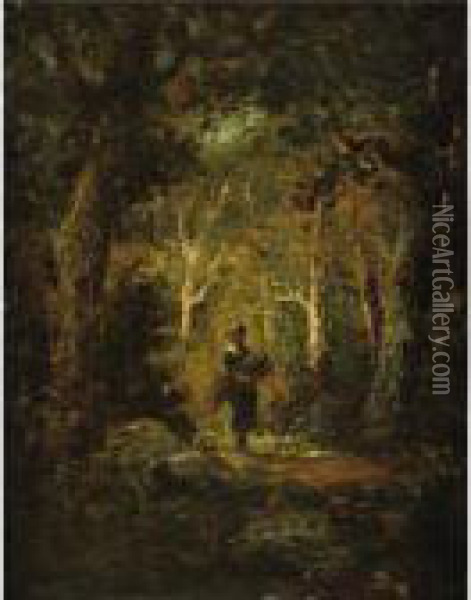 Wood Gatherer In A Forest Oil Painting - Narcisse-Virgile D Az De La Pena
