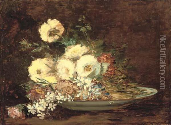 Still Life Of Flowers On A Charger Oil Painting - Narcisse-Virgile D Az De La Pena