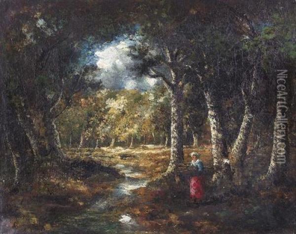 Reisigsammlerin Im Wald An Einem Bachlauf. Oil Painting - Narcisse-Virgile D Az De La Pena