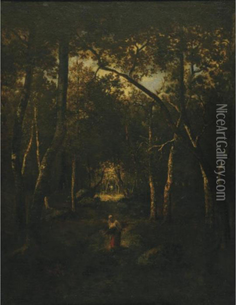 Wood Gatherer On A Forrest Path Oil Painting - Narcisse-Virgile D Az De La Pena