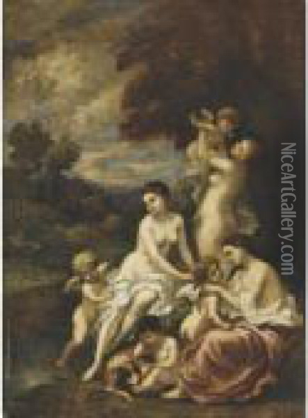 Nymphs And Putti In A Wood Oil Painting - Narcisse-Virgile D Az De La Pena