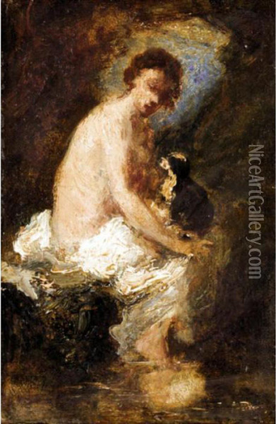 A Female Bather And Her Dog Oil Painting - Narcisse-Virgile D Az De La Pena