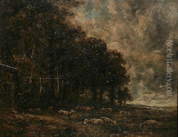 Landscape With Sheep Grazing At The Edge Of A Woodland Oil Painting - Narcisse-Virgile D Az De La Pena