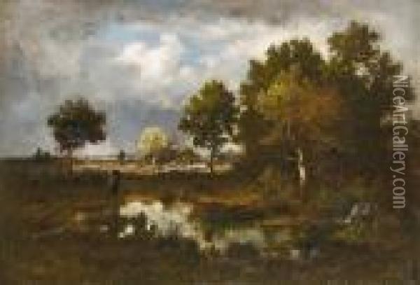 A Figure By A Pond On The Outskirts Of A Wood Oil Painting - Narcisse-Virgile D Az De La Pena
