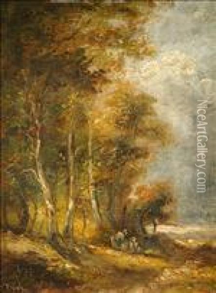 Manner Of Narcisse Virgile Diaz De La Pena, Figures Paused In A Forest Clearing Oil Painting - Narcisse-Virgile D Az De La Pena
