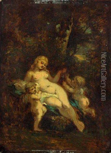 Akt Z Dwoma Aniolkami W Lesie Brzozowym Oil Painting - Narcisse-Virgile D Az De La Pena