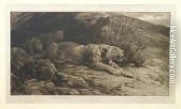 R.e. Lioness And Her Cubs 
Beside An Entrance To A Cave Signed Artist's Proof, Published By Frost 
& Reed 1910, Black And White Drypoint Etching, 34cm By 56cm Oil Painting - Herbert Thomas Dicksee