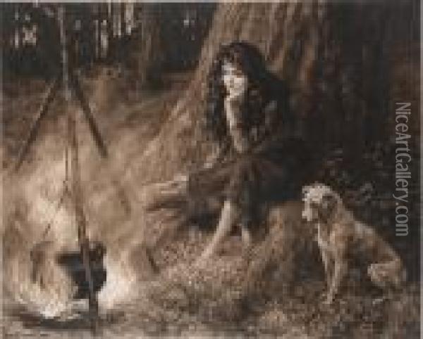 Girl With A Dog In A Woodland Oil Painting - Herbert Thomas Dicksee