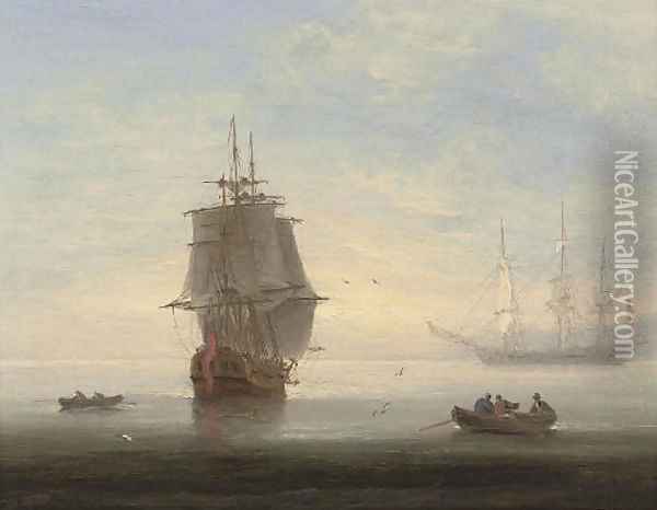 Frigates in an early morning calm, one making ready to put to sea Oil Painting - Thomas Luny