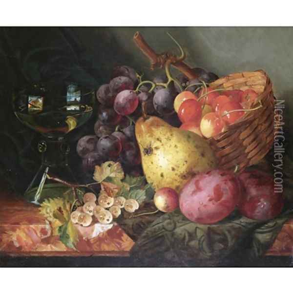 Still life with a basket of cherries, a pear, plums and white-currants on a marble ledge Oil Painting - Ellen Ladell