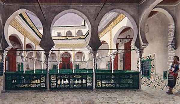 View of an interior courtyard of a house in Algiers Oil Painting - Theodore Leblanc