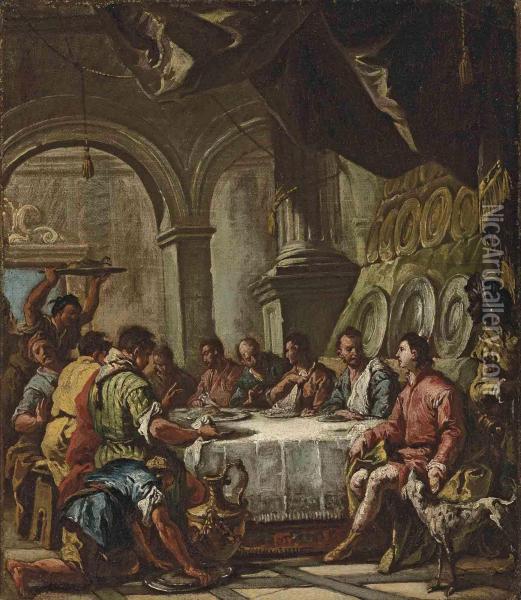 A Banquet In A Palatial Interior Oil Painting - Gaspare Diziani