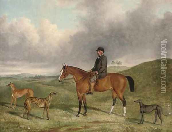 Portrait of Henry Beale Esq., on a hunter, with his greyhounds, including Sampler and Sapphire, in an extensive landscape Oil Painting - George Henry Laporte