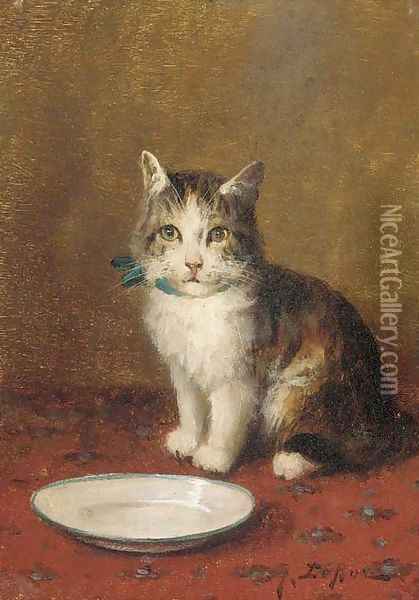 A cat with a bowl of milk Oil Painting - Jules Leroy