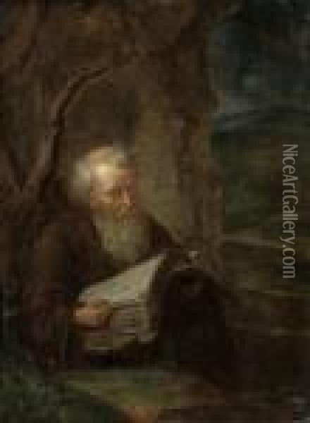 A Hermit Saint Reading In A Landscape Oil Painting - Gerrit Dou