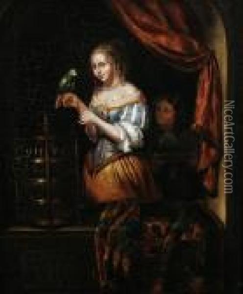 A Lady Feeding A Parrot Oil Painting - Gerrit Dou