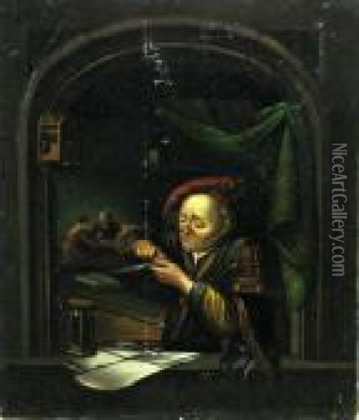 A Scholar Sharpening His Quill Pen At A Window Oil Painting - Gerrit Dou