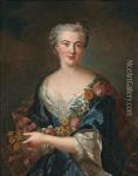 A Portrait Of The Comtesse De Beaumont Holdingflowers Oil Painting - Francois-Hubert Drouais