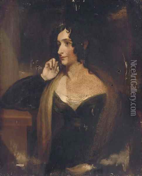 Portrait of a lady, half-length, in a black dress, her right elbow resting on a stone ledge Oil Painting - Sir Thomas Lawrence