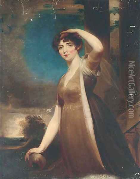 Portrait of a lady, three-quarter-length, in a brown dress, on the steps of a terrace, looking towards the artist Oil Painting - Sir Thomas Lawrence