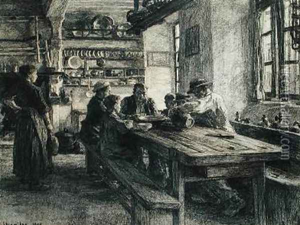 Figures in a Kitchen Interior 1895 Oil Painting - Leon Augustin Lhermitte