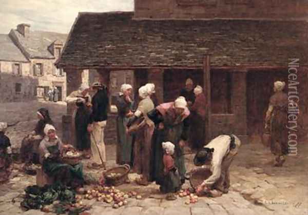 The Market Place of Ploudalmezeau Brittany 1877 Oil Painting - Leon Augustin Lhermitte