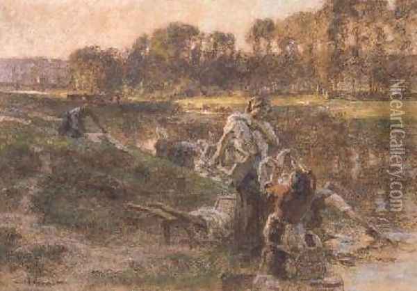 Washerwomen in sunlit river landscape Oil Painting - Leon Augustin Lhermitte