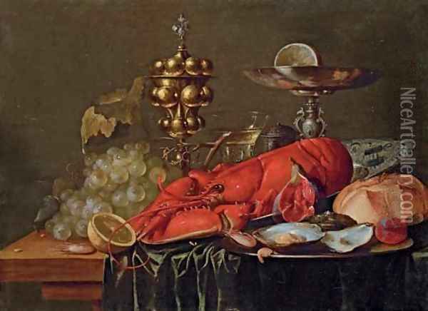 A lobster on a blue and white porcelain platter, oysters, a shrimp, a plum and a fig on a pewter plate, a bread roll, a pewter tazza, a gold stand and Oil Painting - Frans Luyckx