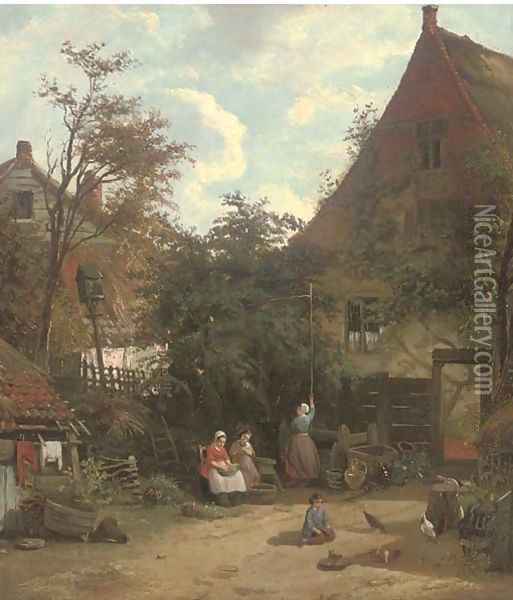 In the farmyard Oil Painting - Adolf Heinrich Lier