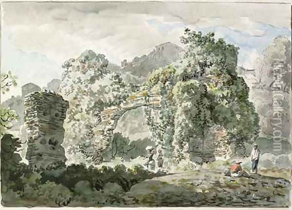 A ruined aqueduct in front of a villa on the road to Ariccia Oil Painting - Carlo Labruzzi