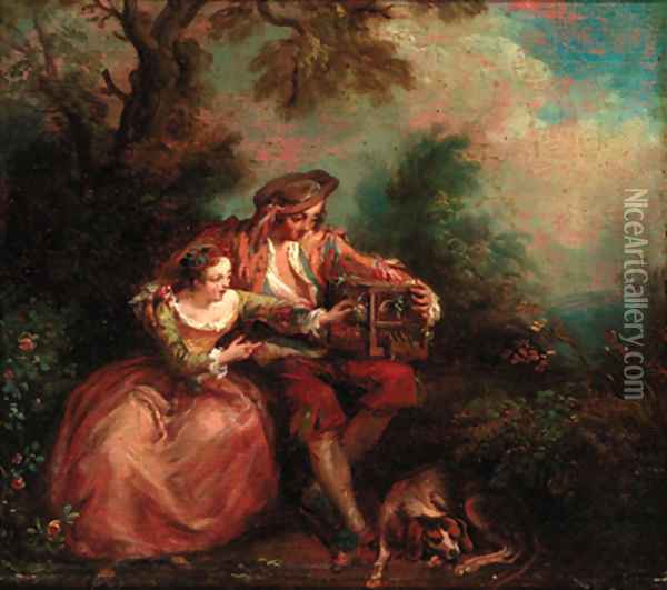 An elegant couple with a caged bird in a landscape Oil Painting - Nicolas Lancret