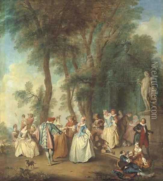Elegant company dancing before an arbour Oil Painting - Nicolas Lancret