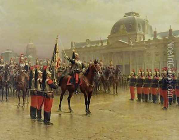 Colonel de La Rochetulon Presenting to the Recruits of the 6th Cavalry the Standard of the Regiment in January 1887 1887 Oil Painting - Louis Auguste Georges Loustaunau