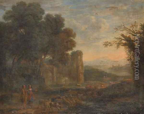 A landscape with a shepherd and shepherdess with their flock Oil Painting - Claude Lorrain (Gellee)
