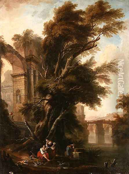 A Classical Landscape with Washerwomen beside Ruins on a Riverbank, a Bridge beyond Oil Painting - Nicolas Lavreince