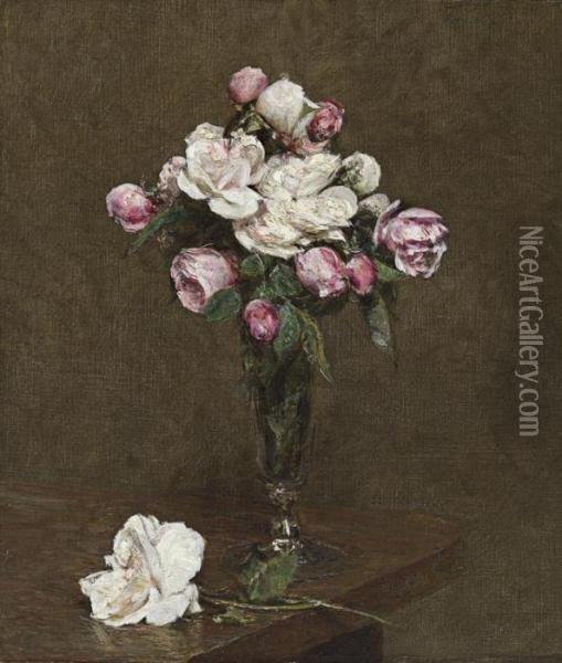 Roses Blanches Et Roses Dans Une Flute A Champagne Oil Painting - Ignace Henri Jean Fantin-Latour