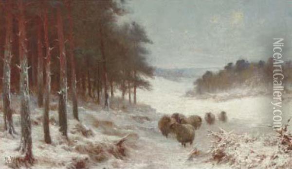 Sheep In A Snowy Landscape Oil Painting - Joseph Farquharson
