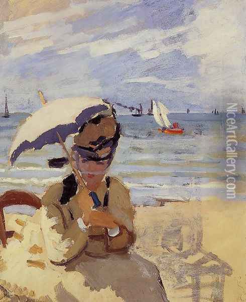 Camille Sitting On The Beach At Trouville Oil Painting - Claude Oscar Monet