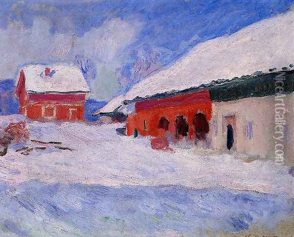 Red Houses At Bjornegaard In The Snow Norway Oil Painting - Claude Oscar Monet