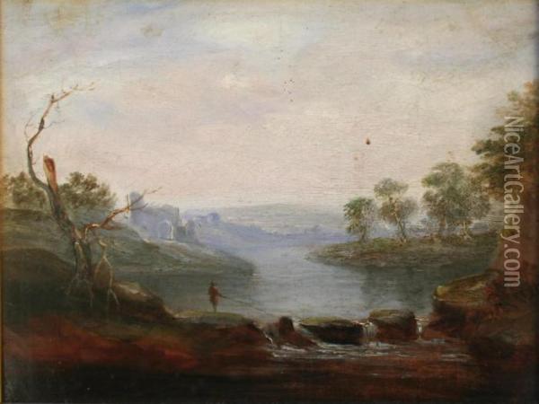 A Fisherman By A River At Twilight, Ruins Beyond Oil Painting - Anthony Vandyke Copley Fielding