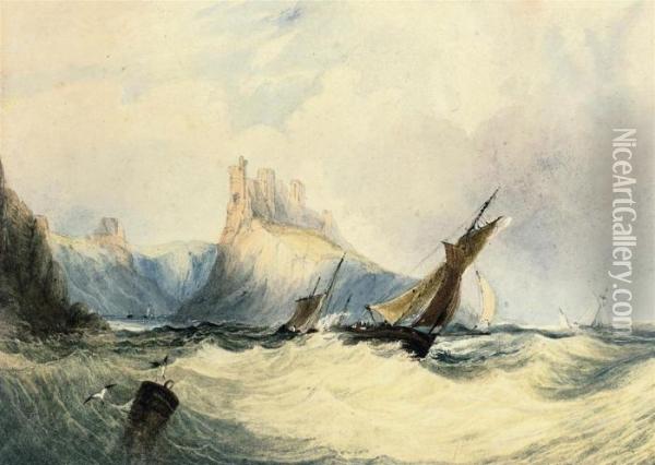 Fishing Boats In A Heavy Swell Off Lindisfarne Castle, Holyisland Oil Painting - Anthony Vandyke Copley Fielding