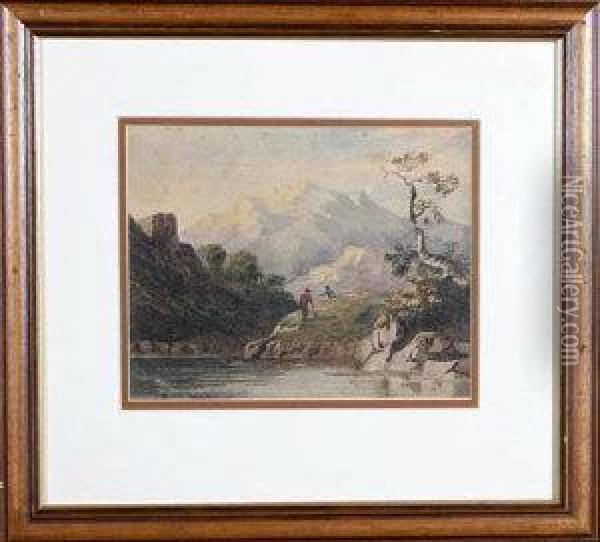 Two Figures At A Lakeside With A Range Of Hills Beyond Oil Painting - Anthony Vandyke Copley Fielding
