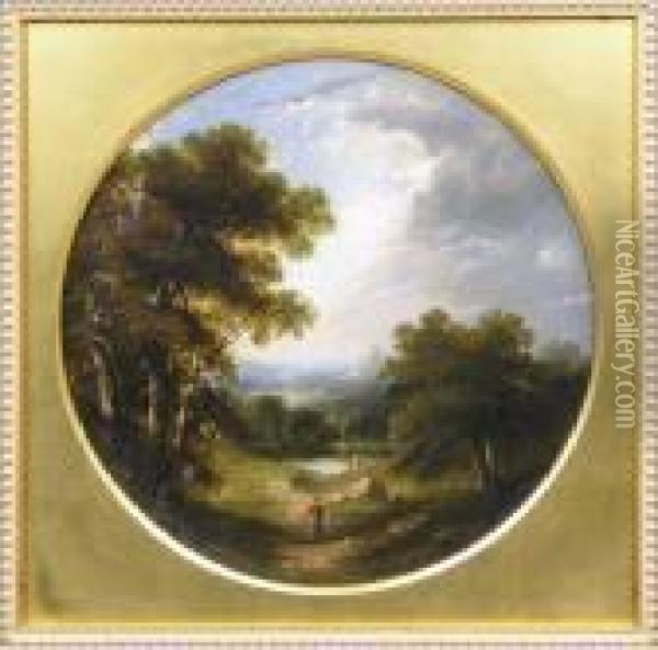 Figures In A Wooded Landscape Oil Painting - Anthony Vandyke Copley Fielding