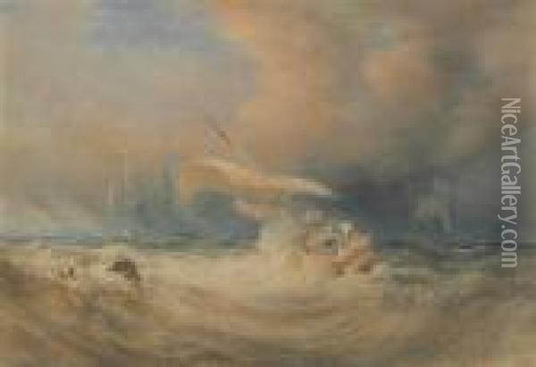 A Cutter And Merchantman In Stormy Weather Oil Painting - Anthony Vandyke Copley Fielding