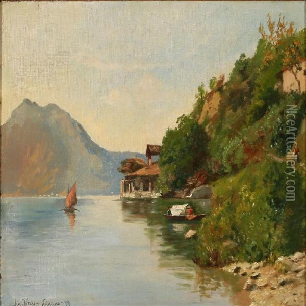 Summer Dagy At Lake Lugano, 
Switzerland Oil Painting - August Fischer
