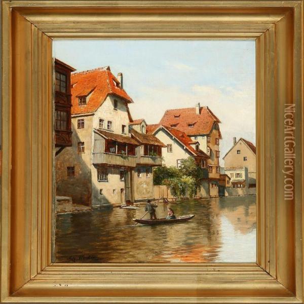 Kanalparti Vedregnitzfloden, Nurnberg Oil Painting - August Fischer
