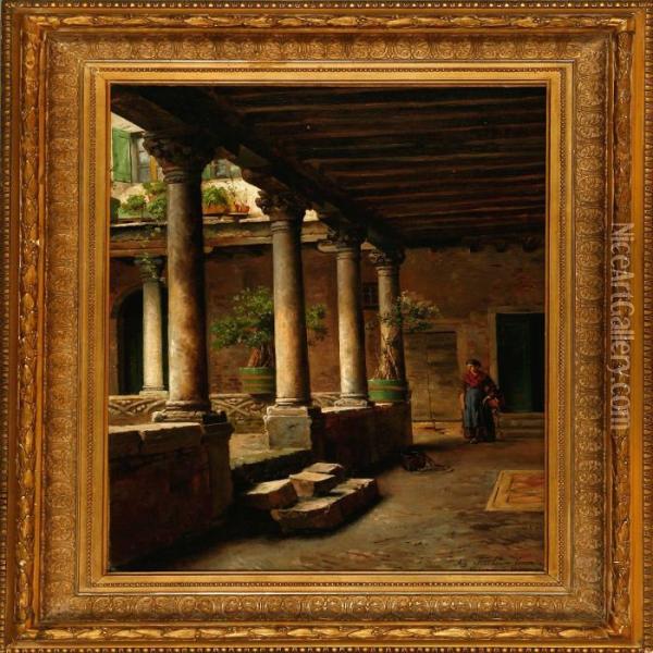 Venetian Woman In A Colonnade Oil Painting - August Fischer