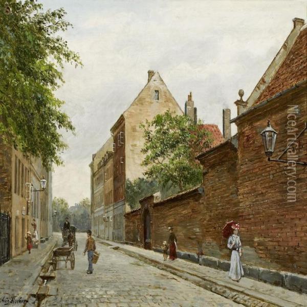 Part Of The Street Withpromenading People Oil Painting - August Fischer