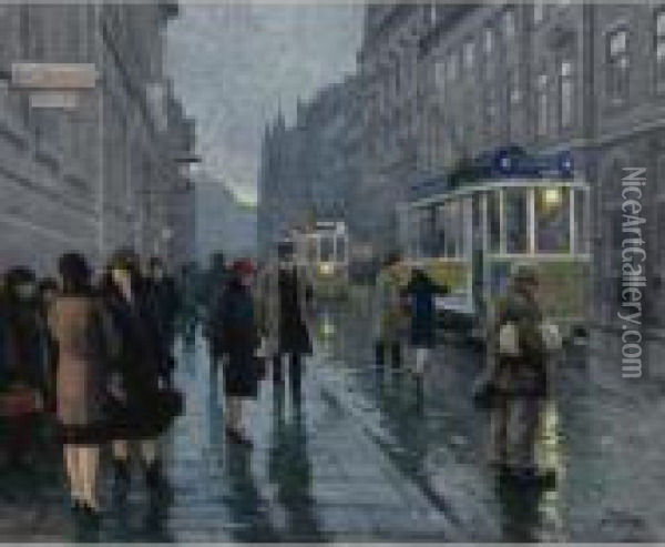 Tramcars On Bredgade Street, Copenhagen Oil Painting - Paul-Gustave Fischer