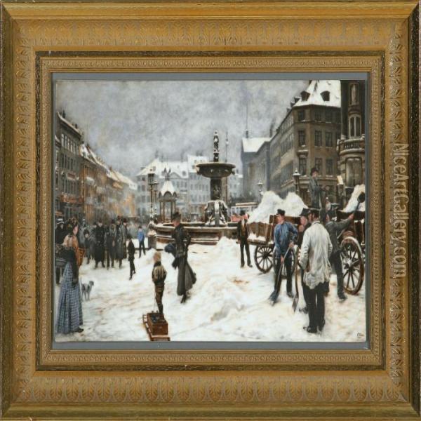 Three Porcelain Plaques Printed In Colours With Scenes From Copenhagen Oil Painting - Paul-Gustave Fischer
